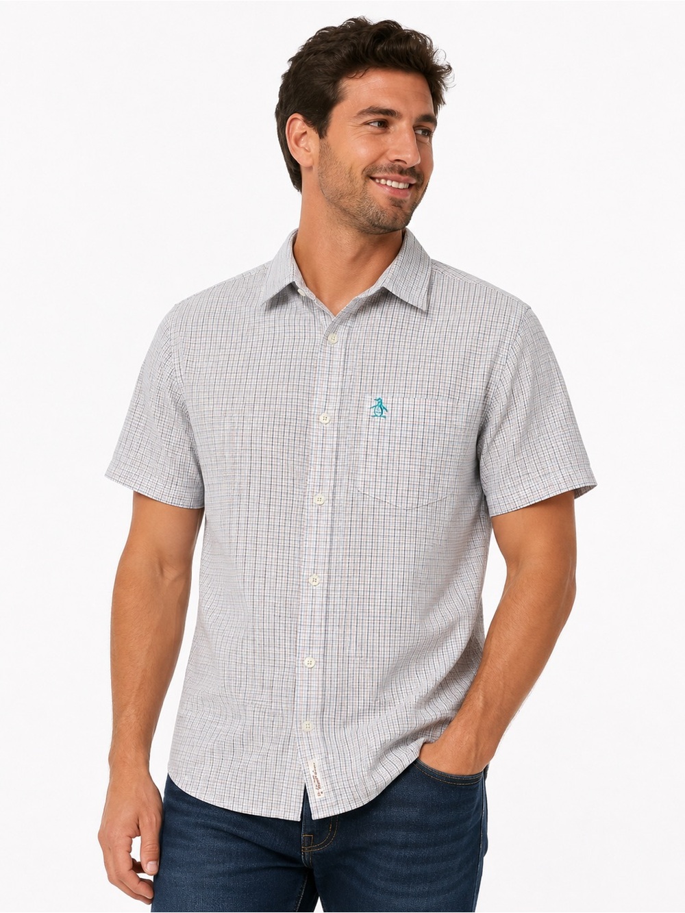 Original Penguin Men’s Short-Sleeve Button-Down Shirt in Light Gray Check